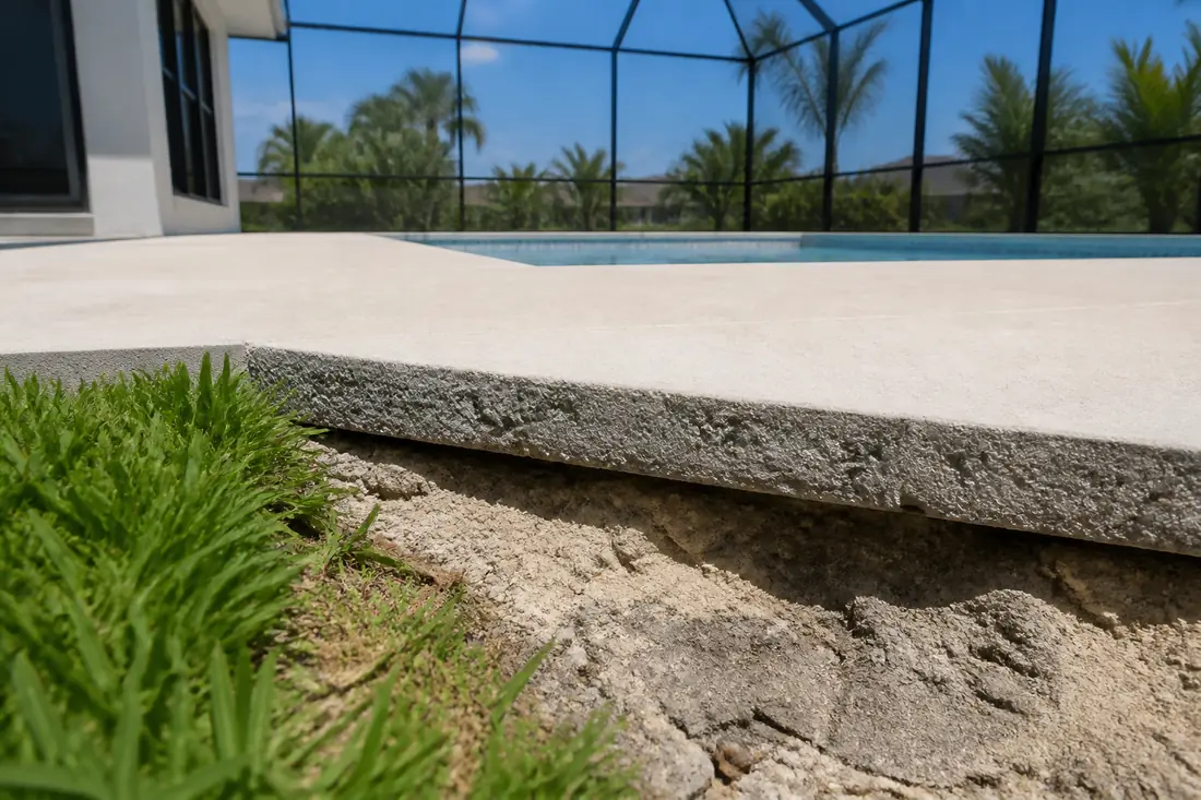 The cut edge of a pool deck slab showing its thickness above the soil